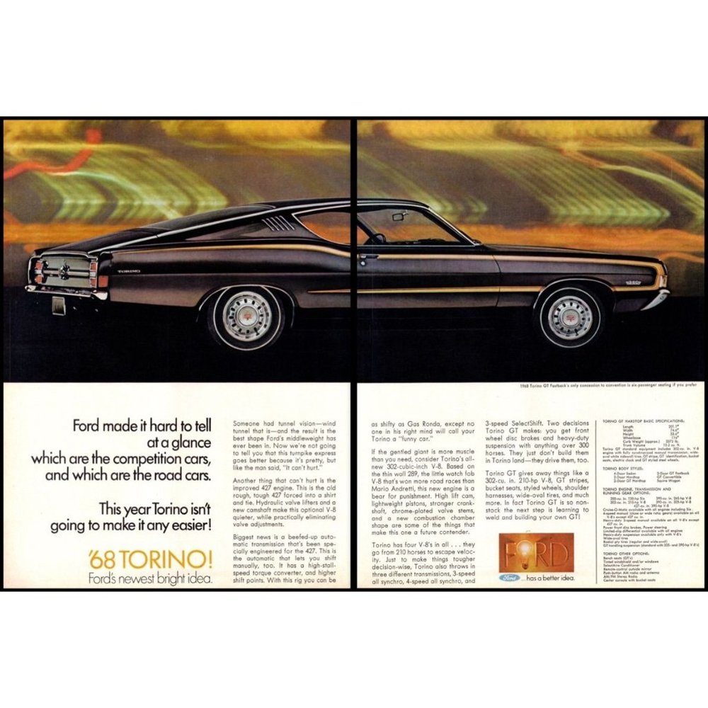 1968 Ford Torino GT Fastback Coupe 2 Page Vintage Print Ad Muscle Car Wall Art